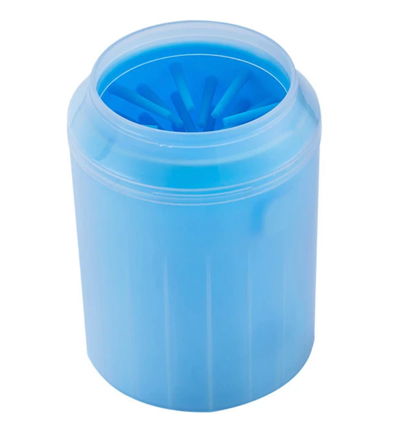 Size chart showing the blue dog paw cleaner cup in three sizes