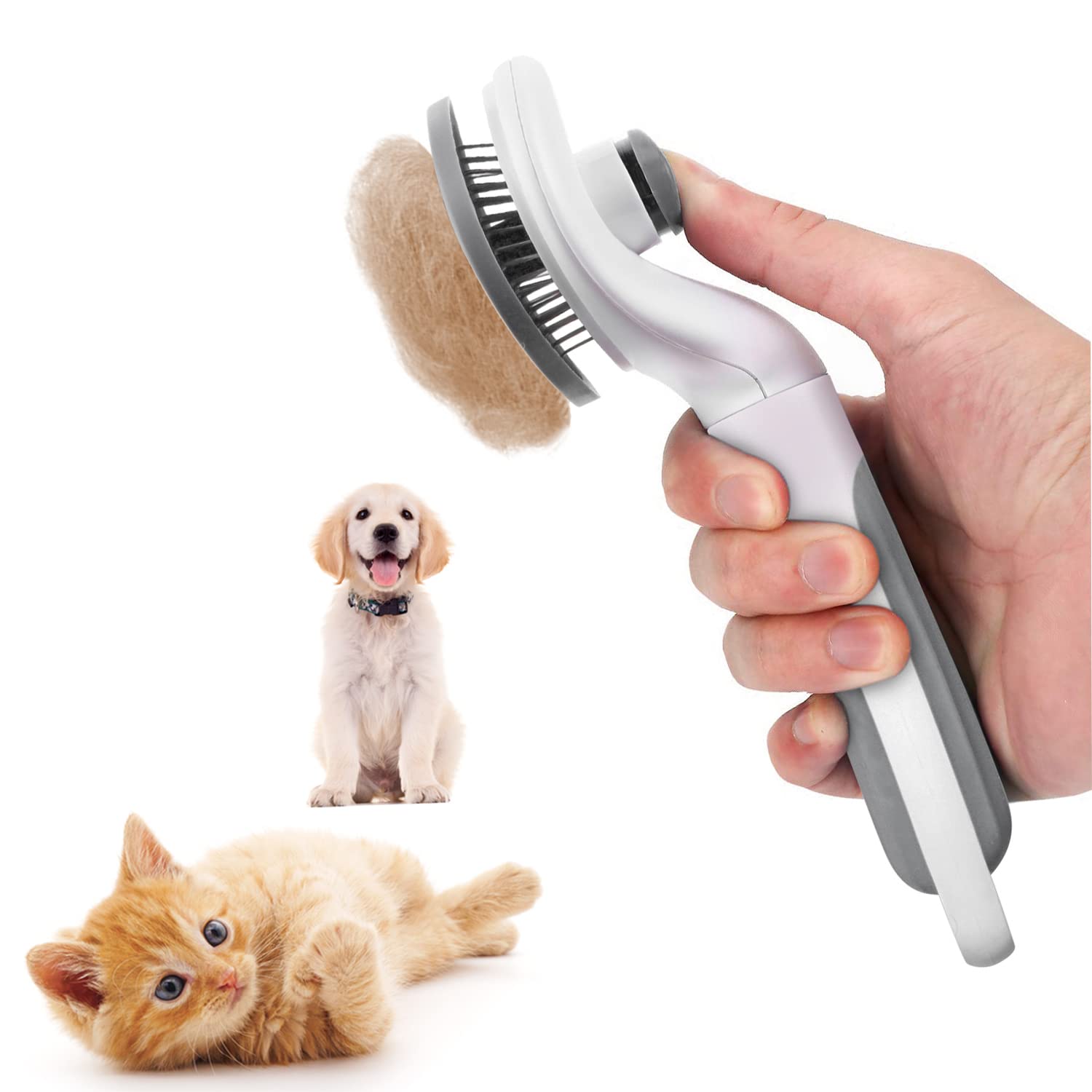 Gray one-button grooming brush for dogs and cats