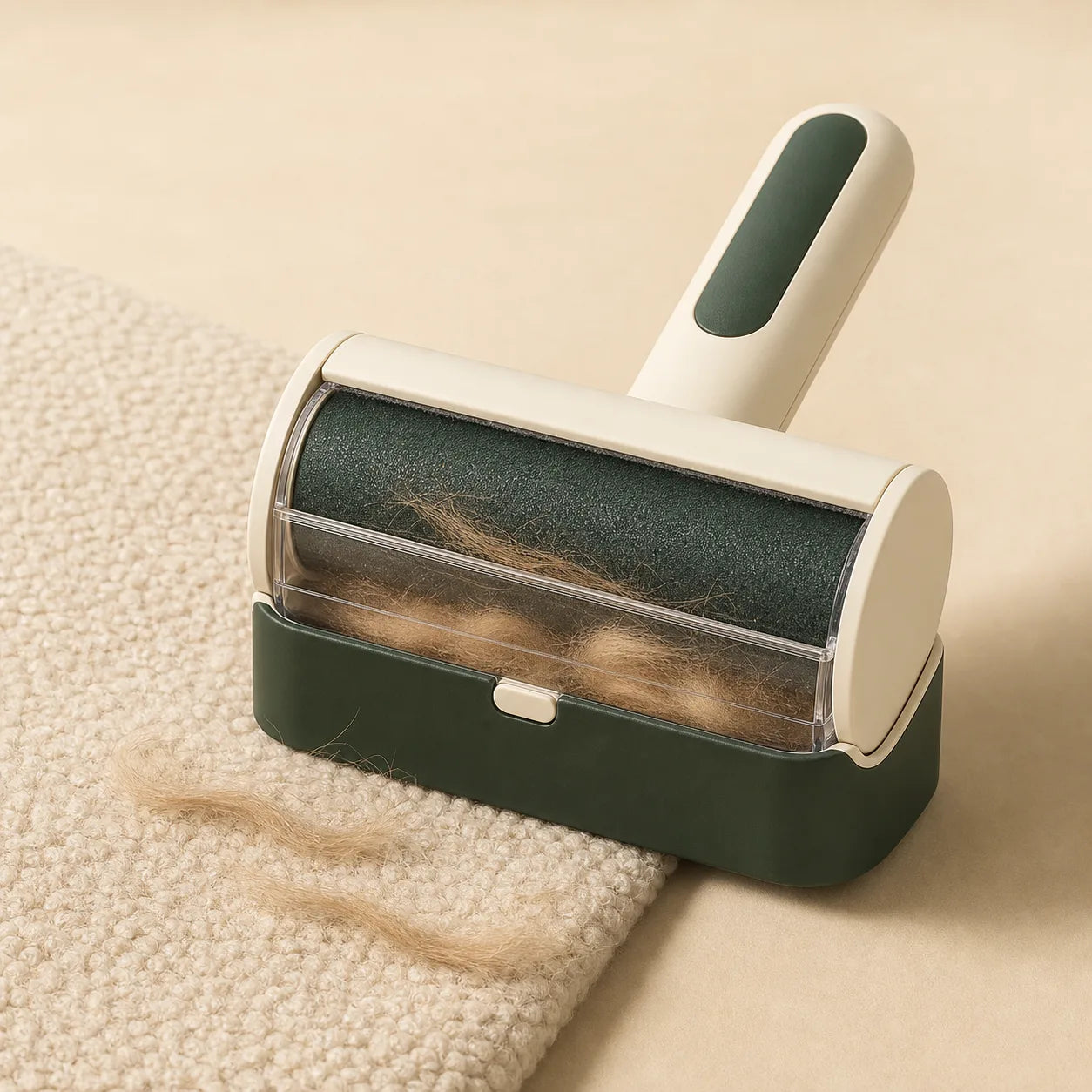 Ivory and forest green handheld pet-hair roller