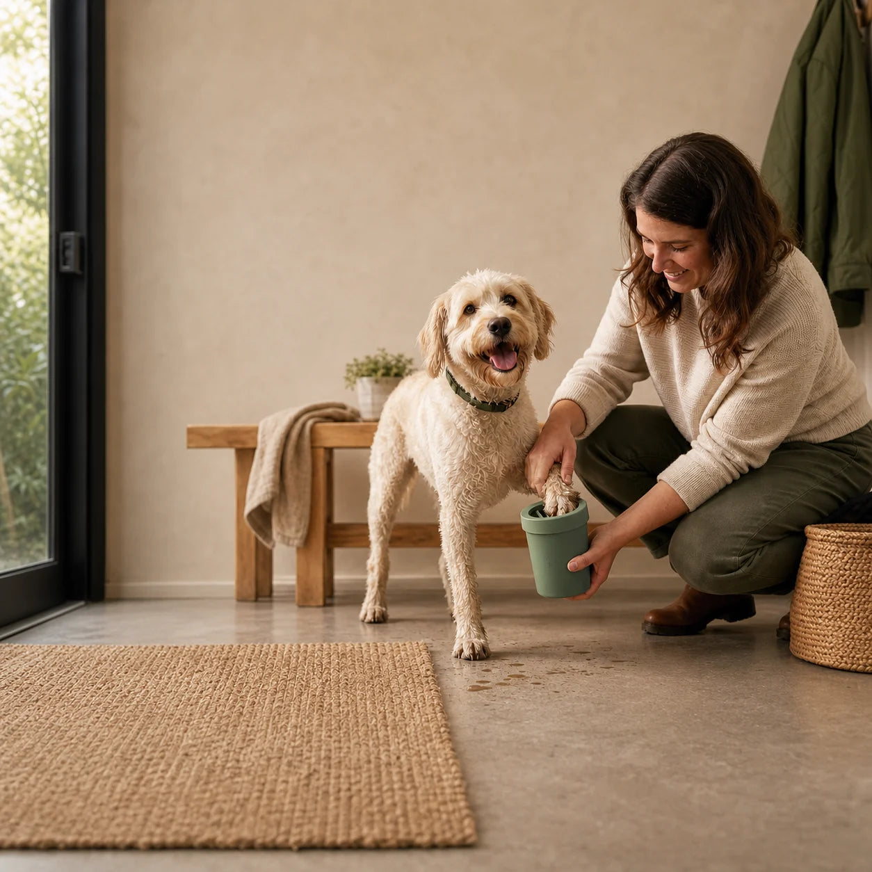 Dog owner holding a sage green pet-care cup beside a dog at the doorway