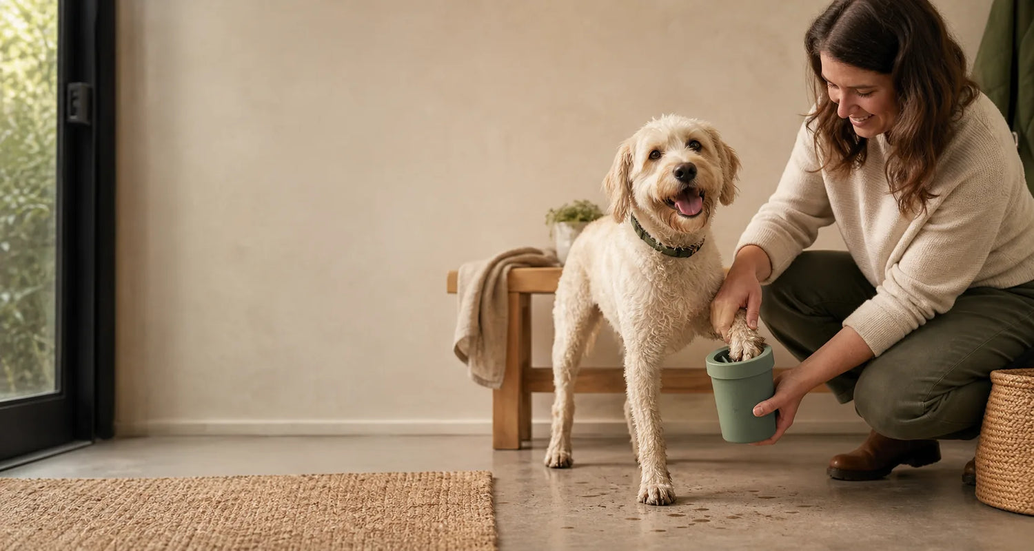 Dog owner holding a sage green pet-care cup beside a dog at the doorway