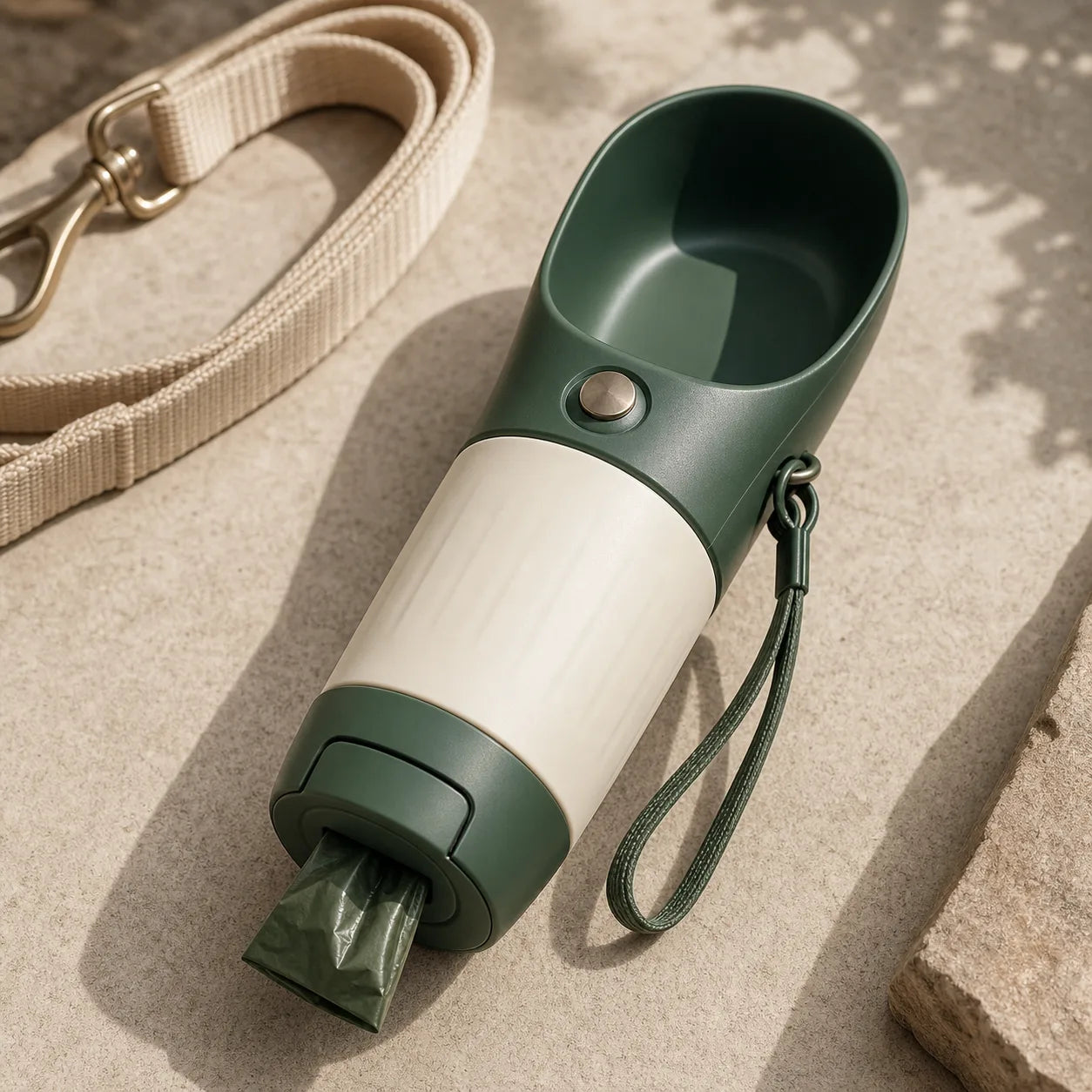 Forest green portable dog water bottle with a cup-shaped top